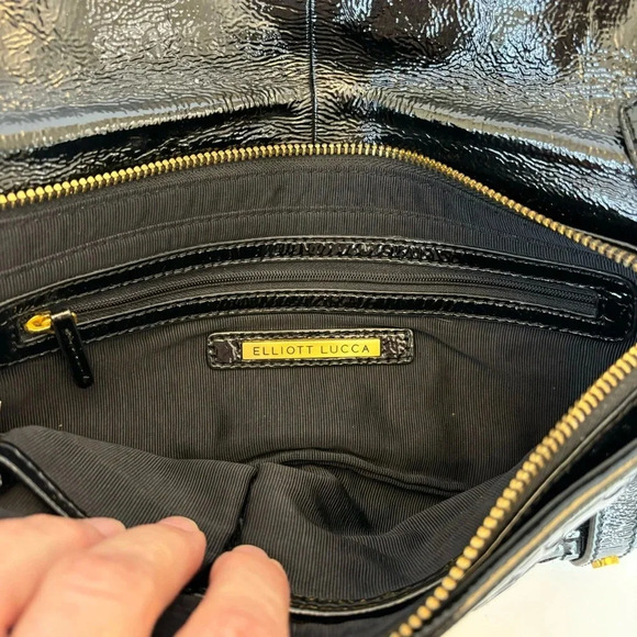 Elliott Lucca Woven Black Patent Leather Zip Top Foldover Large Clutch Wristlet - Picture 9 of 11